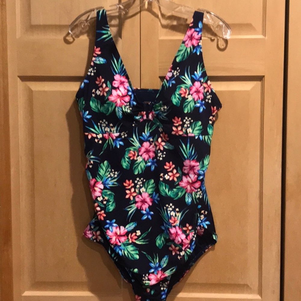 New Lands' End Floral One Piece Swimsuit - Black and Pink